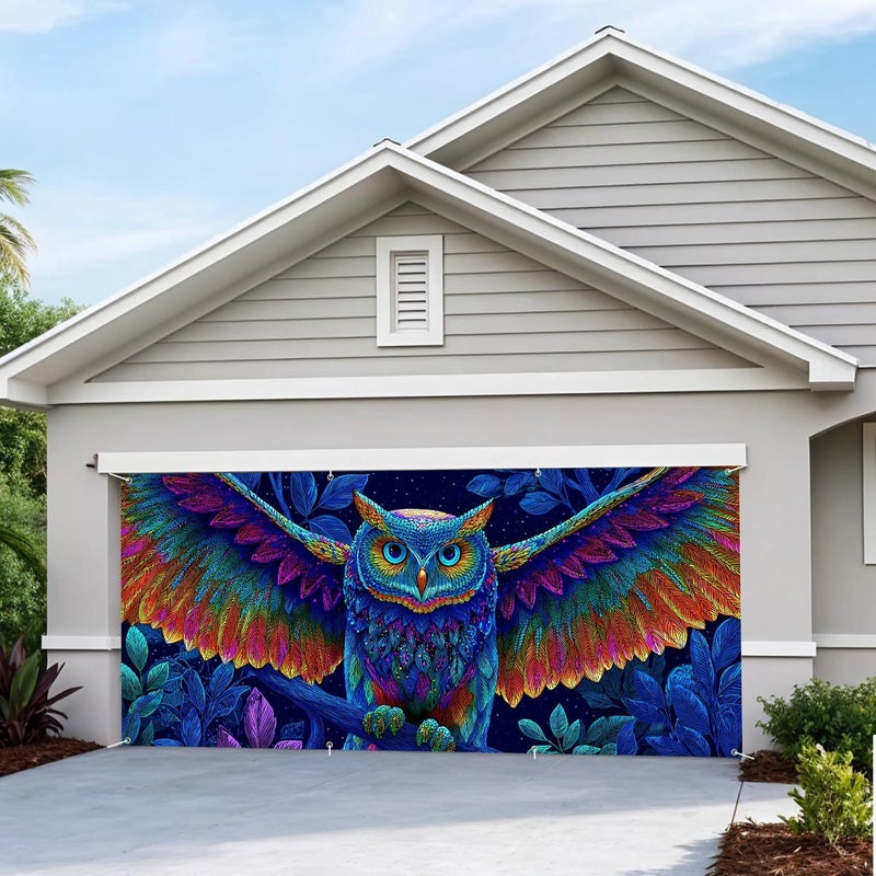 THISFIND Colorful Owl Garage Door Banner – Vibrant Night Sky Design with Multicolor Feathers for Outdoor Wall & Home Decor - Image 5
